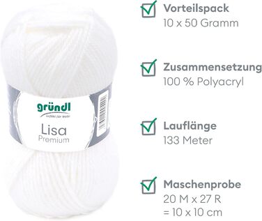 Пряжа Grndl Lisa Premium Uni Knitting & Chet Yarn (м'яка і вовняна характер, проста в догляді миється трикотажна пряжа з 100 поліакрилу, 50 г/ 133 м, розмір голки 3,5 - 4,5, 10 клубків по 50 г кожен), білий