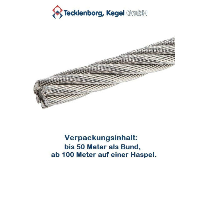 Мотузка з нержавіючої сталі 7х19, 100м, 2мм Ø, мотузка V4A нержавіюча сталь AISI 316, нержавіюча, м'яка, високого подовження - Текленборг, Kegel GmbH 2мм 100 метрів