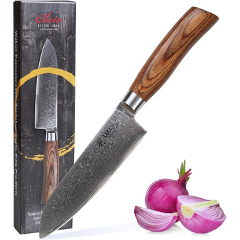 Дамаський ніж Wakoli EDIB Pro Santoku Лезо 16 см I висока продуктивність різання Стійкі та довговічні леза 67 шарів дамаської сталі ергономічна дерев'яна ручка пакка I унікального дизайну