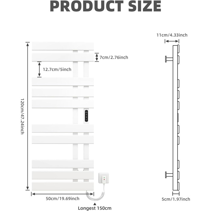 Рушникосушка електрична, Радіатор для ванної кімнати електричний білий, 5001200мм, 380Вт, Рушникосушка електрична, Радіатор для ванної кімнати, Полотенцесушитель для ванної кімнати, Енергозберігаючий, IPX5 -Білий Лівий
