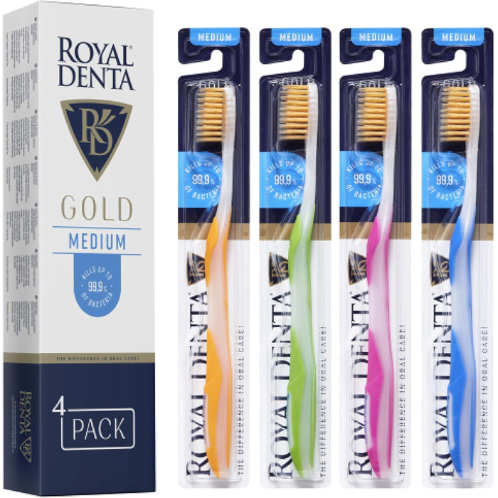 Зубні щітки Royal Denta Gold Medium 4 Pack - щетина подвійної довжини для чищення міжзубних проміжків, частинки золота проти бактерій, видалення зубного каменю, середньої міцності, багатобарвна