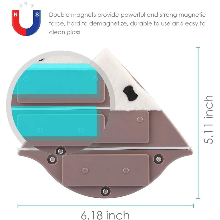 Магнітний двосторонній засіб для миття скла 15-24 мм, засіб для миття вікон, щітка для миття ковзання, інструмент для чищення склоочисників для подвійного скління 1,3-2,5 см (кавовий)