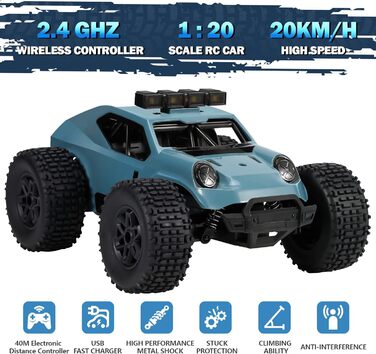 Автомобіль на дистанційному управлінні Kizeefun, 2.4Ghz 1/20 RC автомобіль позашляховик 20 км/год всюдихід, електрична іграшка, позашляховик з 2 батареями 50хв гри і світлодіодними фарами, подарунок для дітей синій