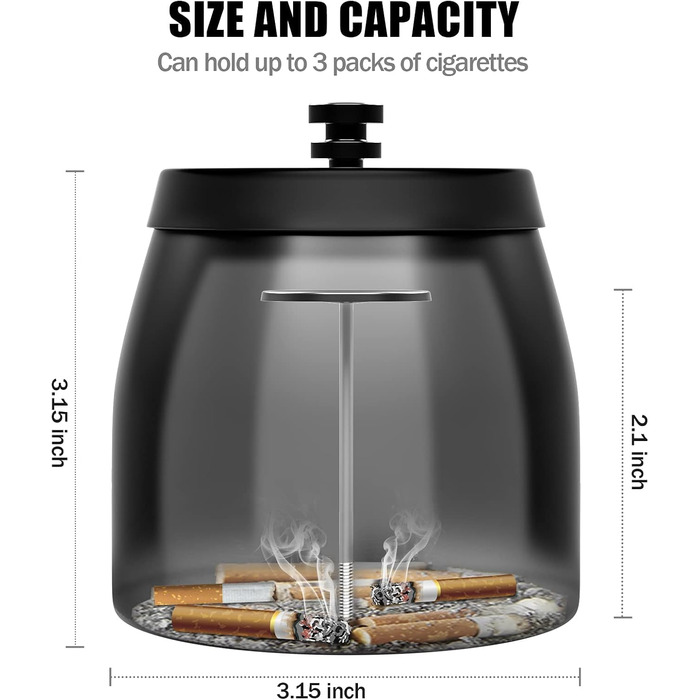 Попільничка з кришкою, бездимна, з нержавіючої сталі, з покриттям для попелу, вітрозахисна, з захистом від запаху, попільничка для зовнішнього використання (чорна, маленька, 2 шт. и) Black Small, Pack of 2