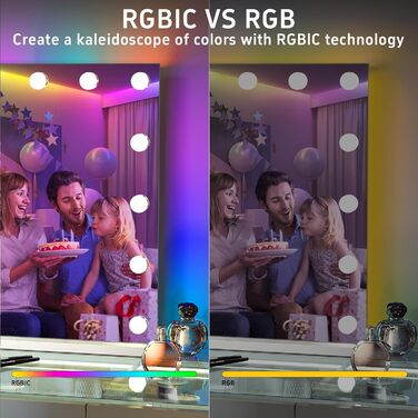 Голлівудське дзеркало для макіяжу з RGB підсвічуванням з 15 лампами з можливістю регулювання яскравості 3 режими освітлення Голлівудське дзеркало з підсвічуванням 10-кратне збільшення HD загартоване скло Біле 58cmX46cm