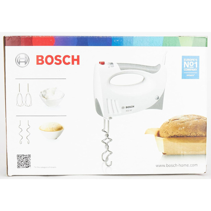 Ручний міксер Bosch MFQ3530, ручний міксер, 2 вінчики, 2 гачки для тіста з нержавіючої сталі, можна мити в посудомийній машині, 5 рівнів, 450 Вт, білий/сірий 7,7 см Д x 20,1 см Ш x 14,1 см в Білий/сірий