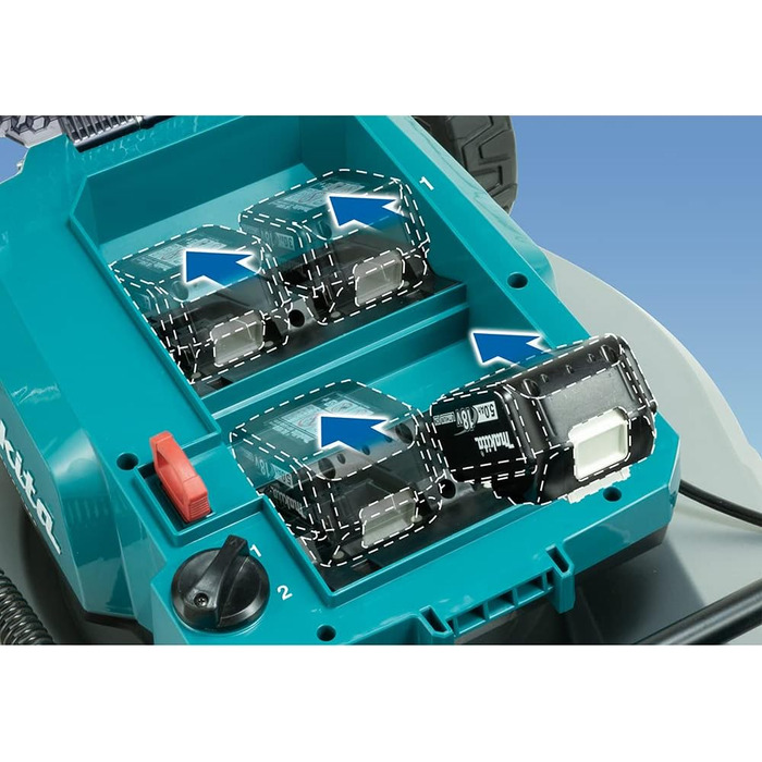 Безщіткова газонокосарка Makita DLM533PT4 Twin 18 В (36 В) Li-Ion LXT 53 см в комплекті з 4 батареями по 5,0 Ач і двопортовим зарядним пристроєм, синя