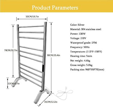 Обігрівач для ванної кімнати, рушникосушка Електричний обігрівач для ванної кімнати Електричний окремо стоячий або настінний обігрівач для рушників Нагрівач для рушників 304 з нержавіючої сталі, 10 стрижнів, вставний сріблястий