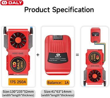 Паралельний модуль DALY BMS 1 A з вентилятором Smart BMS LiFePo4 8S 24 В 250 А та портом CAN, Smart BMS Bluetooth ключ для літієвих акумуляторів 3,2 В, інвертор, ДБЖ та домашня система зберігання (Li-ion 17S 60V CAN BT, 250A вентилятор паралельний Module1