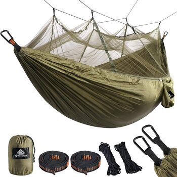 Кемпінговий гамак NATUREFUN Ultralight Mosquito Net 300 кг, вантажопідйомність, (275 x 140 см) дихаючий, швидковисихаючий парашут нейлон в комплекті 2 x Premium Snap Hooks 4 x нейлонові стропи 275 x 140 см Army Green