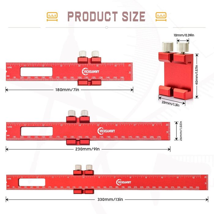 Чорна металева лінійка для деревообробки, регульована, 15,2 см, точна кишенькова логарифмічна лінійка, дюймова та метрична вимірювальна лінійка для деревообробників (червона), 3 шт.