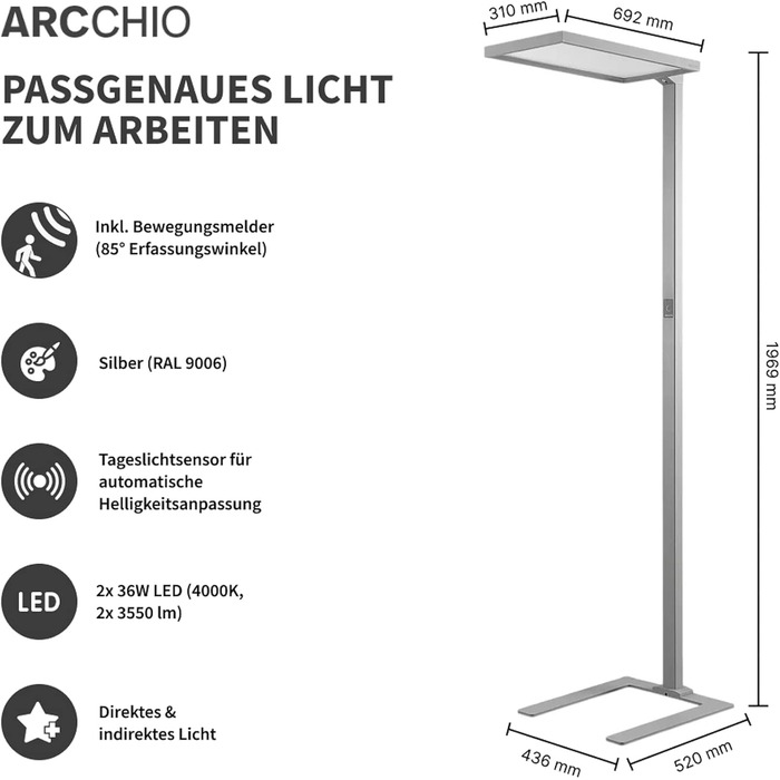 Світлодіодні офісні торшери Arcchio 'Nelus (сенсорний диммер) з регулюванням яскравості з детектором руху з алюмінію з алюмінію для навчання та офісу, офісна лампа, лампа для робочого місця, торшер, торшер