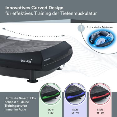 Вібраційні пластини Skandika V2000 3D Вібрація Чорний Вигнута конструкція, 2 потужних двигуна, шепіт тихий, тренувальні браслети, плакат, пульт дистанційного керування, Bluetooth Для спалювання жиру та тренувань для всього тіла