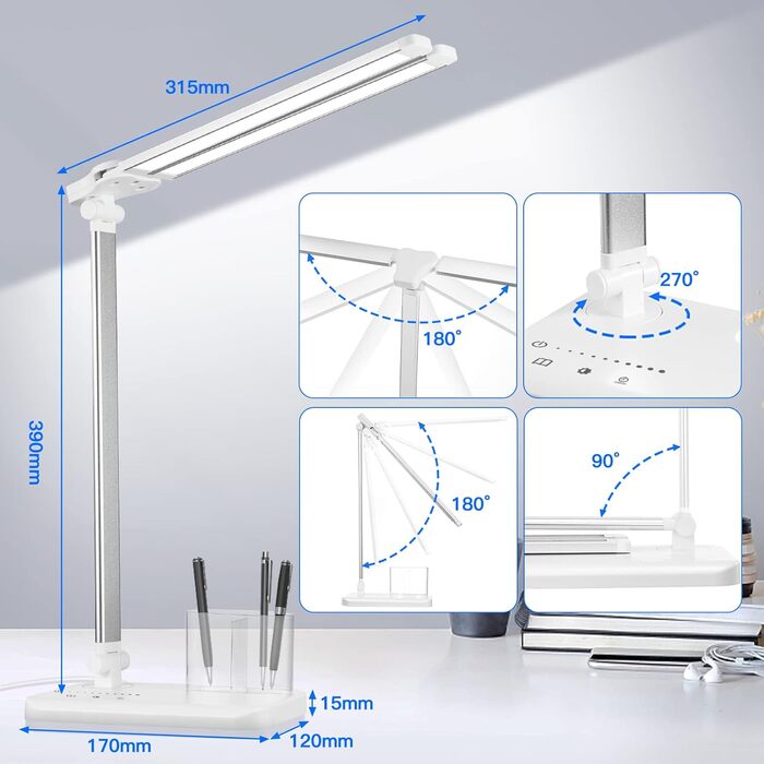 Настільна лампа Wholede LED з регулюванням яскравості з тримачем для ручки, настільна лампа з подвійною головою 5 кольорів і 10 рівнів яскравості, приліжкова лампа, настільна лампа з функцією хронометражу Настільна лампа для дітей, офісна срібло