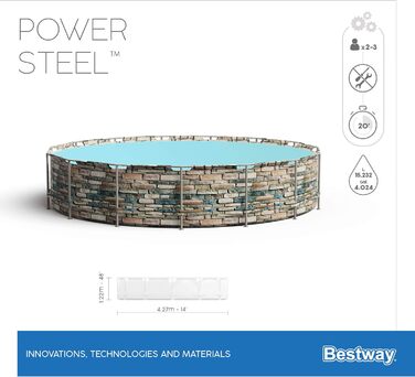 Сталевий каркасний басейн Bestway Power, 427 x 122 см, повний комплект з фільтруючим насосом, круглий, кам'яний вигляд