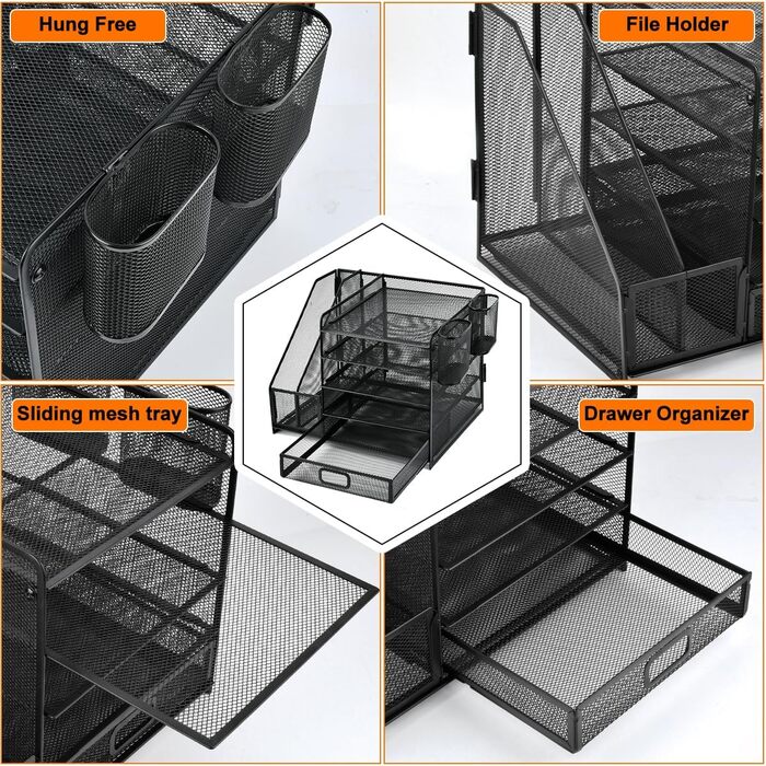 Настільний органайзер FINZOO з тримачем для файлів, 5-рівневий органайзер для лотка для листів з ящиком і 2 тримачами для ручок, сітчастий настільний органайзер для канцелярського приладдя, чорний