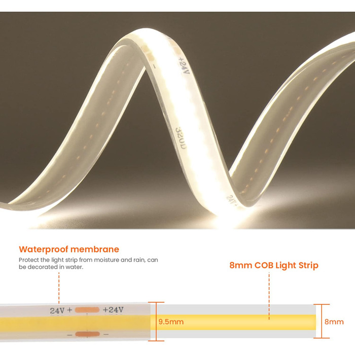Світлодіодна стрічка Wisada 24 В COB, 320 світлодіодів/м Супер яскрава гнучка світлодіодна стрічка COB Світлодіодний діапазон, водонепроникний світлодіодний світильник для підсвічування телевізора IP68 для освітлення акваріума та шафи (природний білий, 9 