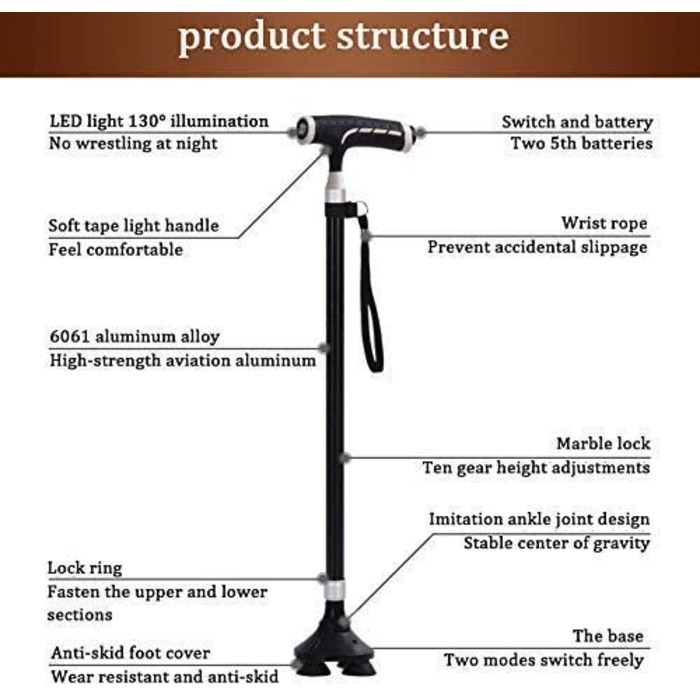 Портативні милиці для літніх людей з алюмінієвого сплаву Світлодіодна лампа Чотири фути Багатоцільова ергономічна тростина для ходьби Нековзна промежина передпліччя Металева тростина регульована цікава Safehappy