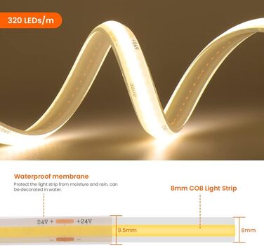 Світлодіодна стрічка Wisada 24 В COB, 6 м 320 світлодіодів/м Супер яскрава гнучка світлодіодна стрічка Тепла біла світлодіодна стрічка COB, водонепроникна світлодіодна лампа для підсвічування телевізора IP68 для освітлення акваріума та шафи Теплий білий 6