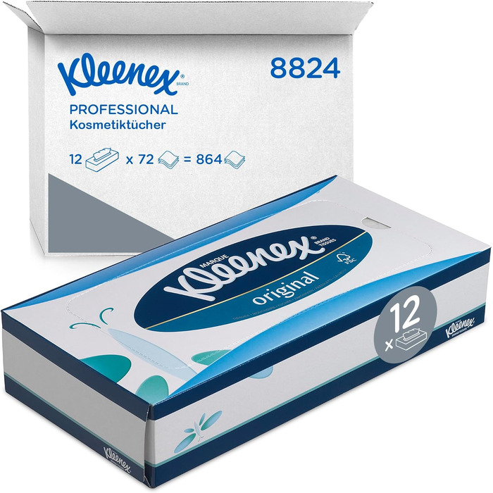 Косметичні серветки / носові хустки Kleenex 8824 - м'які, міцні та абсорбуючі - 12 x 72 (864 серветки) білий, 3-шаровий, без ароматизаторів білий 72 предмети (12 упаковок)