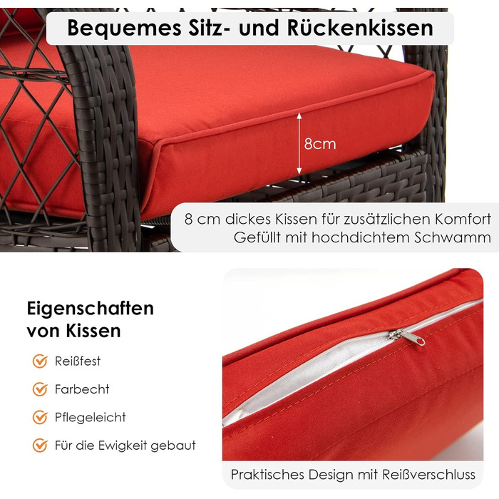 Крісло-гойдалка COSTWAY ротангове з червоними подушками, крісло-гойдалка крісло-гойдалка крісло-релакс крісло-релакс для заднього двору, саду, балкона 87 x 67 x 95 см