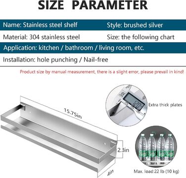 Полиця з нержавіючої сталі для настінного кріплення, прямокутна полиця для спальні, ванної кімнати, вітальні, кухні та пральні, настінні полиці без цвяхів (40 см, срібляста)