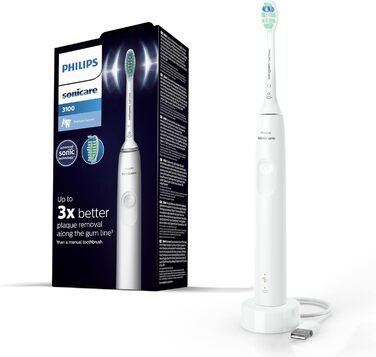 Електрична зубна щітка Philips Sonicare Sonic серії 3100 із вбудованим датчиком тиску, SmarTimer і QuadPacer, біла, HX3671/13