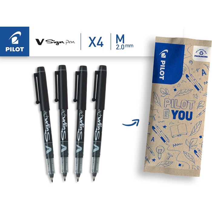 Набір з 4 (чорних) і V-Sign Pen, Fiber Pen, Набір з 4 (синіх) Black Bundle з Fiber Pen