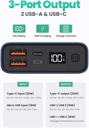 Швидка зарядка USB C Powerbank 20000mah LED Display Зовнішній акумулятор сумісний зі смартфоном, планшетами тощо. версія 2022 20 Вт синій, 20W PD QC3.0