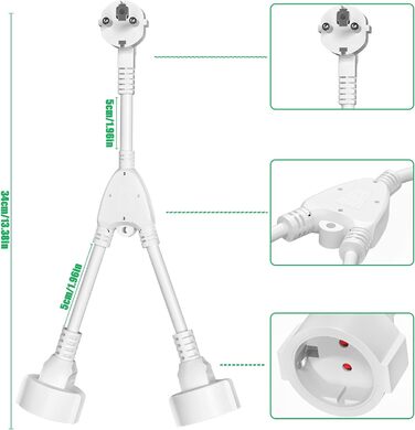 Подовжувач з 2 розетками Schuko, адаптер 2 в 1 з гнучким кабелем, 16А/250В/макс. 3680 Вт, німецька перетворювальна розетка, багаторозеткові подовжувачі для кухні, офісу, дому білий 2 відділення білий