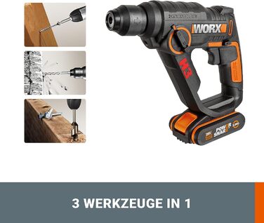 Перфоратор WORX WX390 SDS-plus - 20В дриль з пневматичним ударним механізмом для загвинчування, свердління та забивання - Енергія удару 1,2 Дж - З літій-іонним акумулятором 2,0 Ач, зарядним пристроєм та кейсом 1,2 Дж вкл. 1 акумулятор та зарядний пристрій