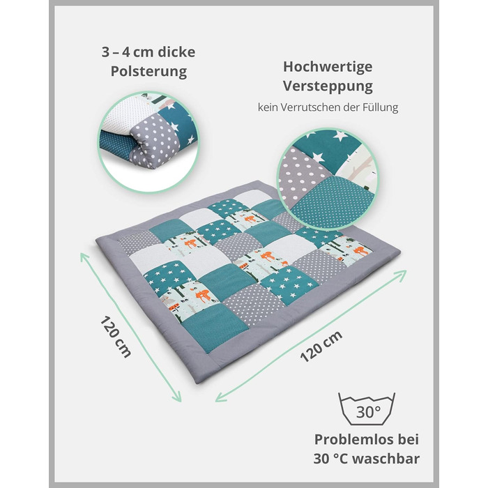 Ігровий килимок для дитини 120x120 см, 100 матеріали Oeko-TEX, Зроблено в ЄС, товстий і м'який, - ідеально підходить як дитяча ковдра та ігрова ковдра для дитини (Forest Animals Petrol, 120 x 120 см)