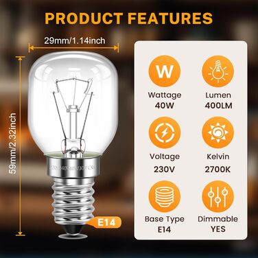 Лампа для духовки SCNNC E14 300 градусів термостійкість 230V з регулюванням яскравості, Ø29x59MM лампочка для духовки E14 теплий білий 2700K, лампа для духовки E14 для мікрохвильовки, духовки, соляної лампи, холодильника, 2 шт.