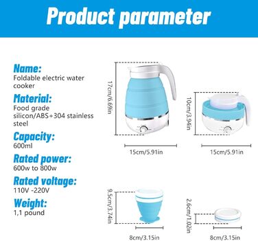 Складаний електричний чайник, електричний електричний чайник, портативний силіконовий туристичний чайник для води 0,6 л з 2 складними чашками, ручка регулювання температури, міні-електричний чайник з основою з нержавіючої сталі для кемпінгу, подорожей (си
