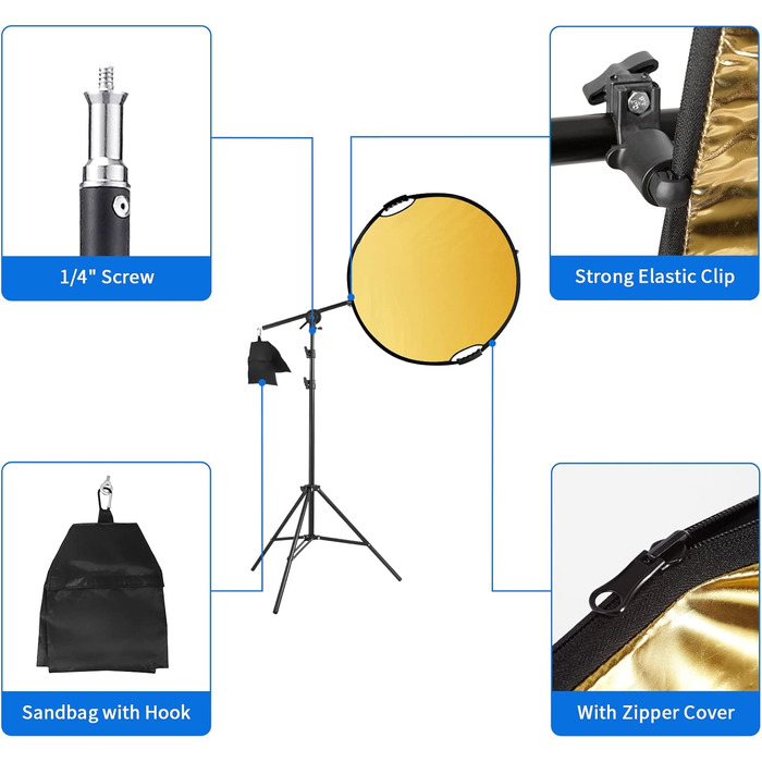 Рефлектор для фотографії Selens 5-в-1 80 см Круглий складаний рефлектор 200 см світлова підставка мішок з піском висувний тримач, носимий дифузор золотий/сріблястий/білий/чорний і прозорий відбивач з ручкою 80 см круглий відбивач