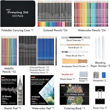 Набір для малювання Shuttle Art 103 предмети, набір для живопису, набір для художників, з кольоровими олівцями, олівцями для малювання, акварельними олівцями та графітними олівцями в пеналі, підходить для дітей, дорослих для малювання