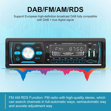 Автомобільна стереосистема 1 Din DAB з Bluetooth - радіо FM AM RDS - 7 кольорових кнопок, індикатори/USB/U-диск/AUX 32G TF-карта