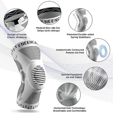 Бандаж для колінного суглоба NEENCA, стиснутий колінний бандаж із подушечками Patea Ge та пружинними бічними стабілізаторами, медичний наколінник для ввімкнення, розриву меніска, артриту, полегшення болю, підйому кондиціонера (сірий, XL)