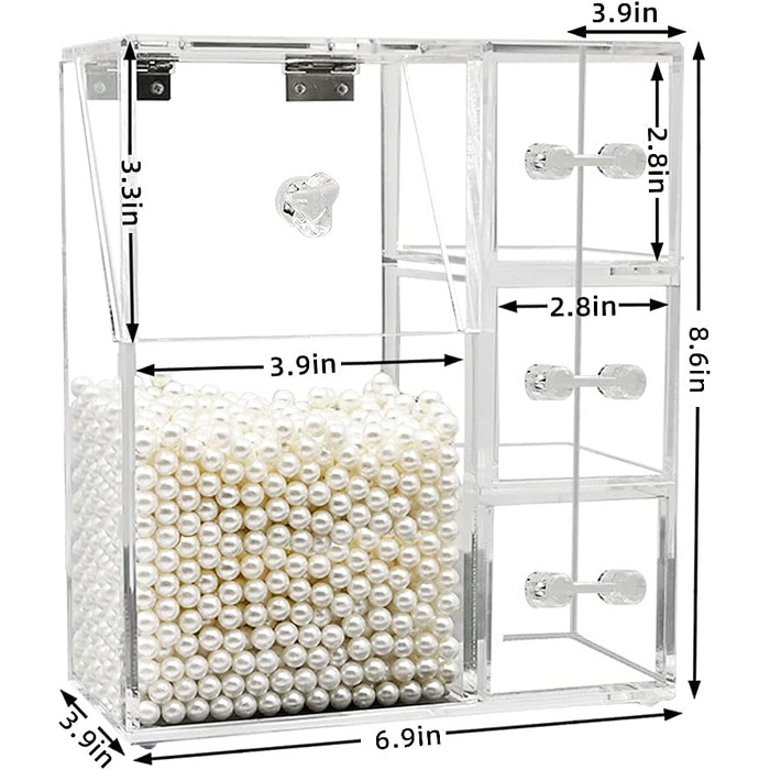 Органайзер для макіяжу Dolovemk, органайзер для косметики, прозорий акриловий тримач для пензлів для макіяжу з 3 ящиками, пилонепроникна коробка для зберігання макіяжу з кришкою, з білою перлиною