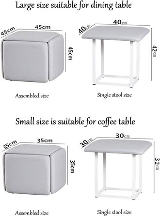 Табурет 5-в-1 з колесами, квадратна шкіряна лава, штабельований табурет для ніг для вітальні, їдальні, зберігання, органайзер, піднос, набір пуфів 35x35x35 см (14x14x14 дюймів) сірий