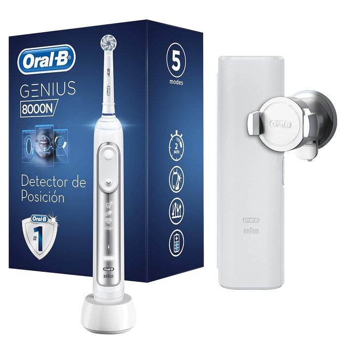 Електрична зубна щітка Oral-B Genius 8000N з додатком для визначення положення та розумного тренування, 5 програм чищення, тримач для смартфона та дорожній кейс, срібний одинарний