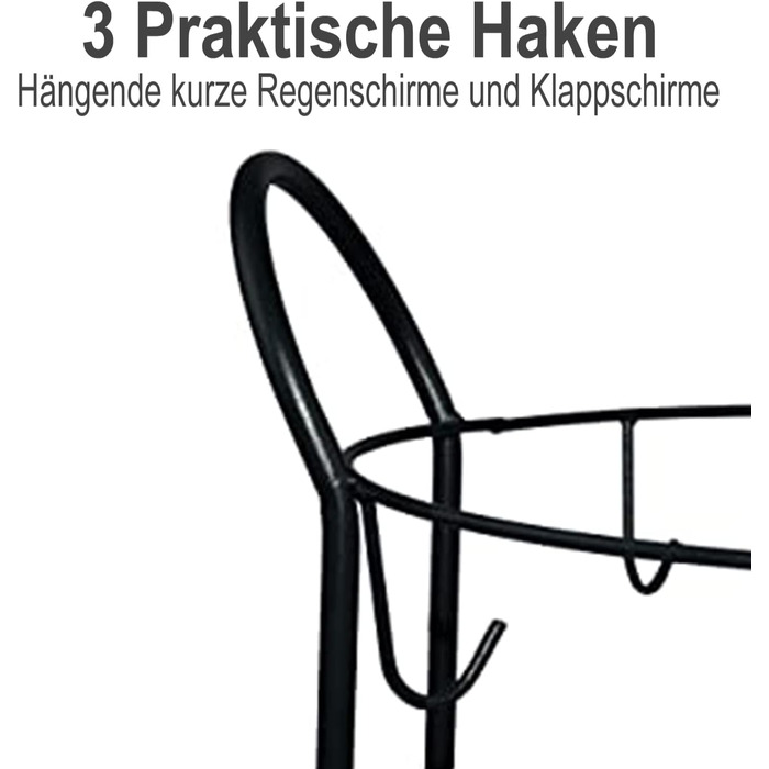 Підставка для парасольки з металу, Кругла підставка для парасольки, Тримач для парасольки універсальний, з 3 гачками та дощовиком, Окремо стояча підставка для парасольки, 60 x Ø 25 см (чорна)