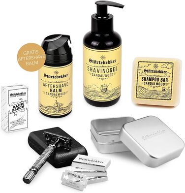 НОВИНКА Strtebekker Premium Shower & Shave Essential Set - Набір для гоління та душу для чоловіків - з безпечною бритвою, гелем для гоління, бальзамом після гоління, квасцовим каменем, твердим шампунем та алюмінієвою мильницею (чорний/чорний) Чорний / Чор