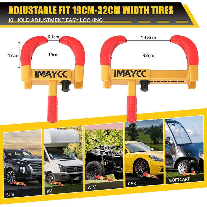 Замок причепа з паркувальним кігтем IMAYCC, колісний кіготь для причепа з регулюванням на 10 отворів і захисним замком з мідним сердечником, універсальний замок колеса іммобілайзера для каравану шин шириною 19-32 см, автофургону, автомобіля червоний/жовти