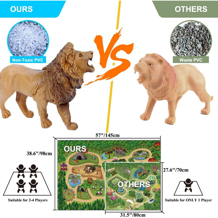 Сафарі тварин іграшкові фігурки тварин з килимком для ігор 145x98см, найреалістичніші фігурки диких тварин з левом, пандою, тигром, бегемотом, жирафом, слоном для дітей хлопчики та дівчатка, 12 шт.