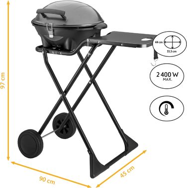 Електричний гриль TZS First Austria 2в1 надзвичайно стійкий і складний електричний гриль для балкона знімний гриль на п'єдесталі потужністю 2400 Вт з кришкою, основою та колесами, пластик/метал в т.ч. регулятор температури з коліщатками Складная