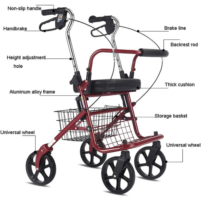 Допоміжний засіб для ходьби для людей похилого віку, візок для покупок, самокат, допоміжний засіб для ходьби для людей похилого віку, розбірний, гальма на ручках, регульована висота, кошик і сидіння, максимальна вага 100 кг
