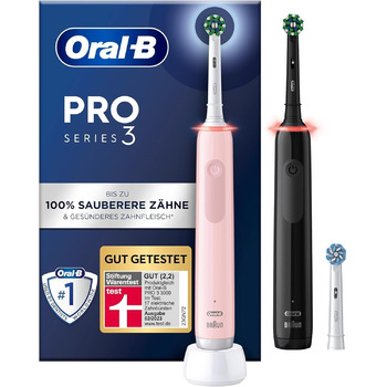 Електрична зубна щітка Oral-B Pro 3 3900, подвійна упаковка та 3 щітки, з 3 режимами чищення та візуальним регулюванням тиску на 360 для догляду за зубами, подарунок чоловіку/жінці, чорний/рожевий