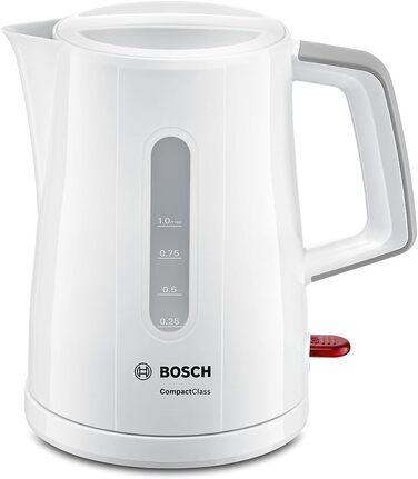 Акумуляторний чайник Bosch CompactClassTWK3A051, швидкий нагрів, індикатор рівня води з обох сторін, захист від перегріву, 1 л, 2400 Вт, білий Single