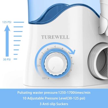 Електричний іригатор порожнини рота TUREWELL, професійний іригатор для порожнини рота з 10 регульованими значеннями тиску води, ємністю 600 мл і 8 багатофункціональними насадками (білий)